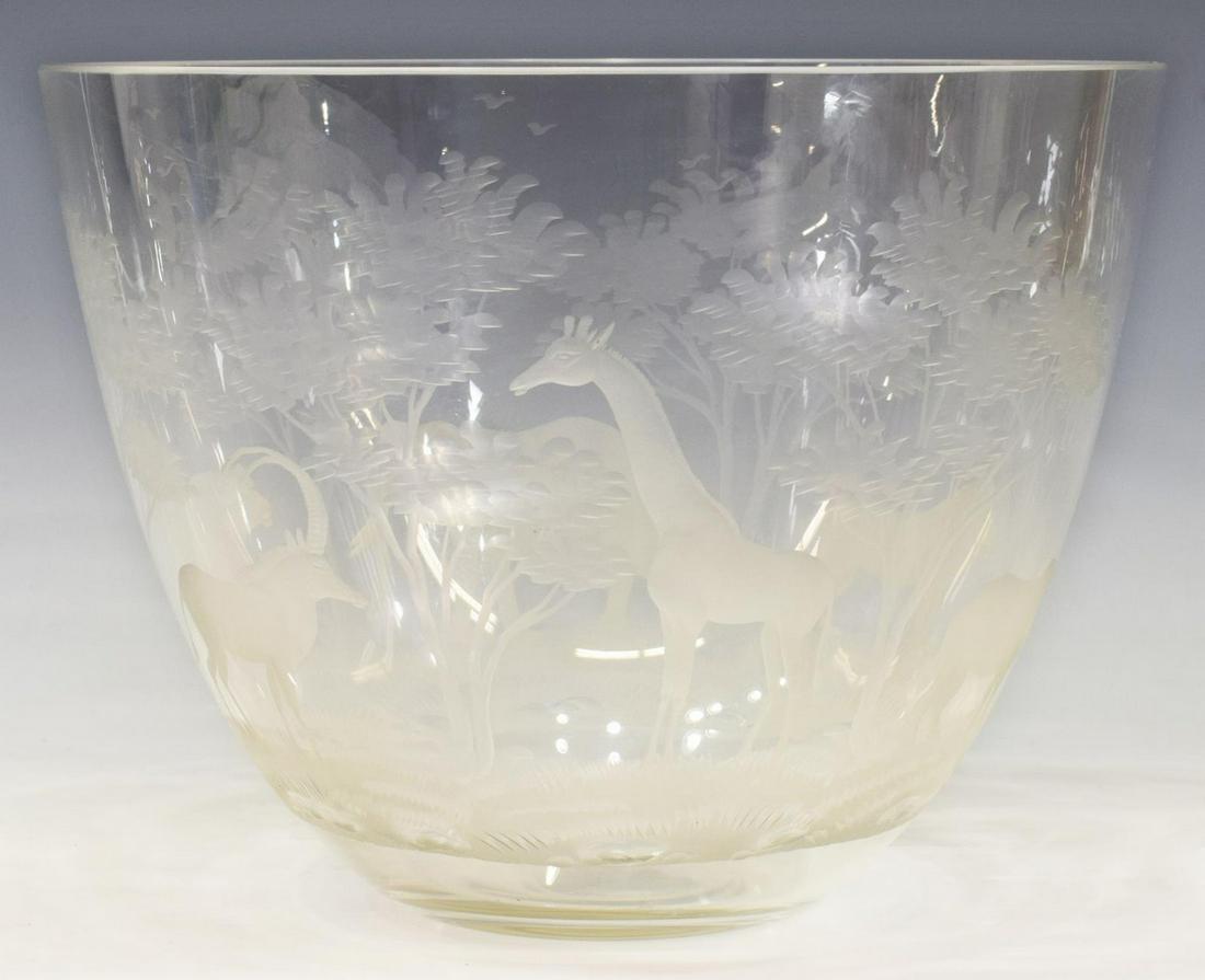 ROLAND WARD AFRICAN SAFARI GLASS CENTER BOWL: Vintage African "Safari" clear and frosted glass center bowl, Rowland Ward, Narobi Kenya, having wide opening, tapered body featuring all over frosted design of African wildlife such as elephant, gira