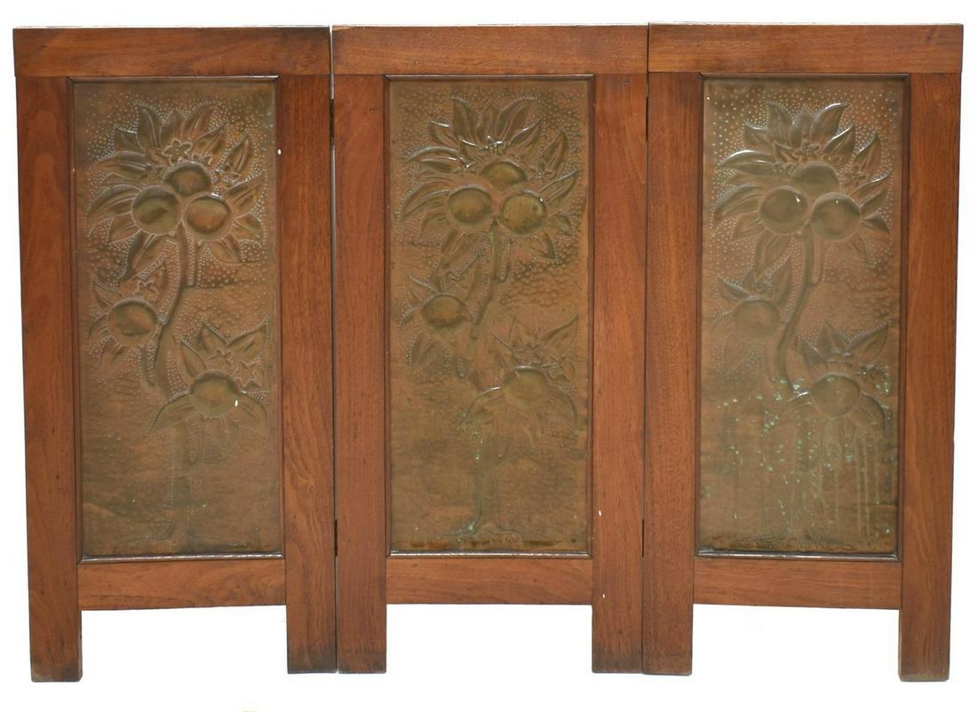 ARTS & CRAFTS STYLE THREE-PANEL FIREPLACE SCREEN: Arts and Crafts style three-panel fireplace screen, oak frame, embossed metal panels with fruit tree motif, each panel: approx 27.25"h, 12.25"w *Provenance: The family of Alfred A. King (Texas, 1916-2
