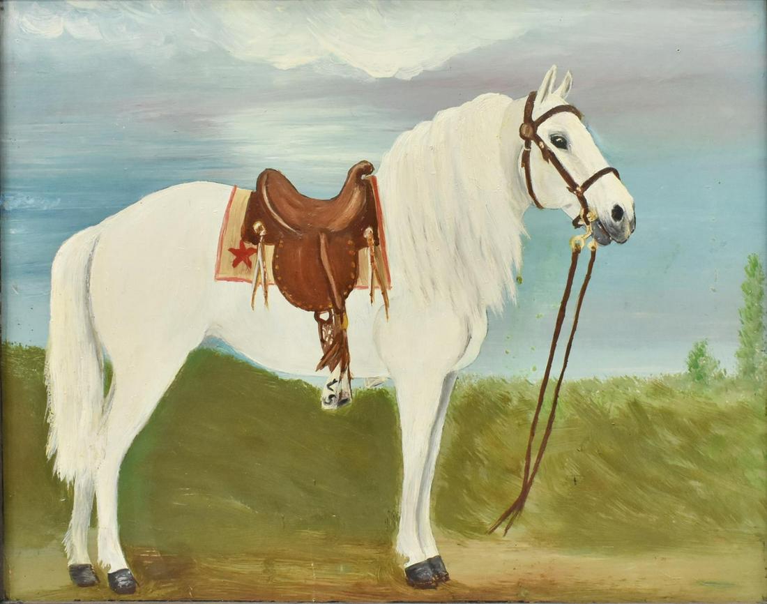 LEONA SMITH FOLK ART PAINTING WHITE HORSE: Framed Folk Art painting on board, White Horse, signed at the stirrup LS (Leona Smith, 20th c.), sight: approx 13.75"h, 17.75"w, overall: approx 16"h, 20"w, 3.75lbs Start Price: $50.00