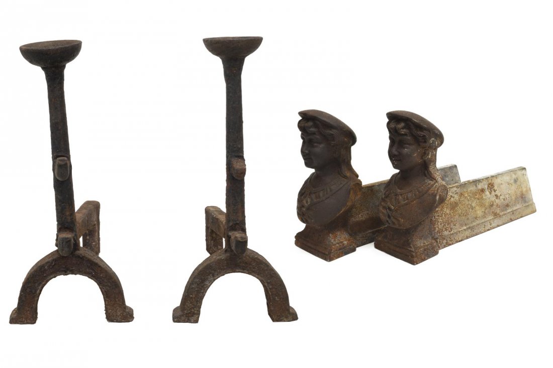 (4) FRENCH CAST IRON ANDIRONS, 18TH & 19TH C.: (lot of 4) French cast iron andirons, comprising: (2) with figural bust, 19th c., marked J&F, approx 8"h, 3.5"w, 13"d; (2) likely 18th c., cupped top on rounded standard, arched fluted base, approx 24