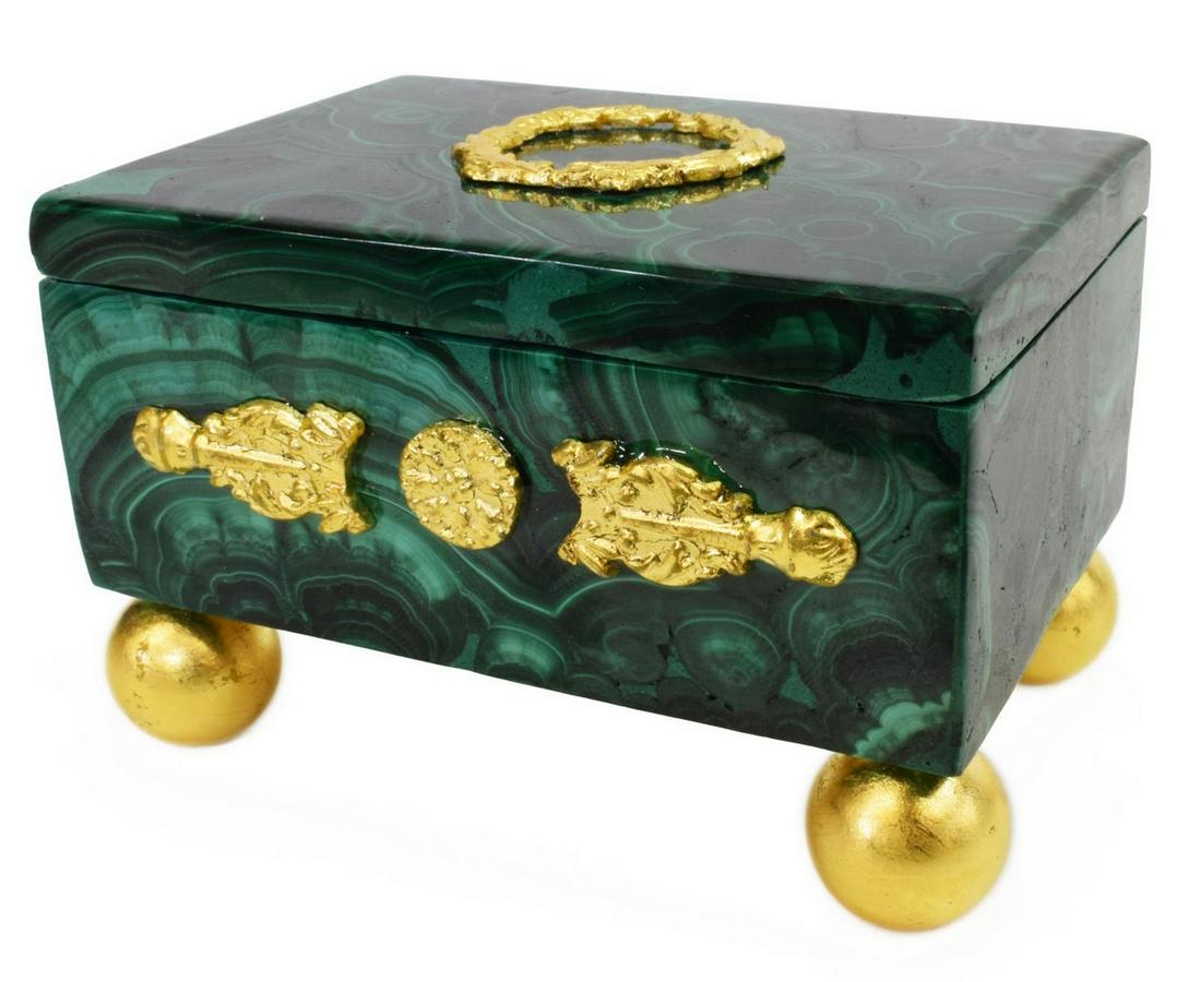 RICHLY FIGURED MALACHITE & GILT METAL TABLE BOX: Green malachite table box with gilt metal mountings, 20th c., rectangular case, richly figured with intense coloring, top and front with applied gilt metal foliate decoration, removable top opening to