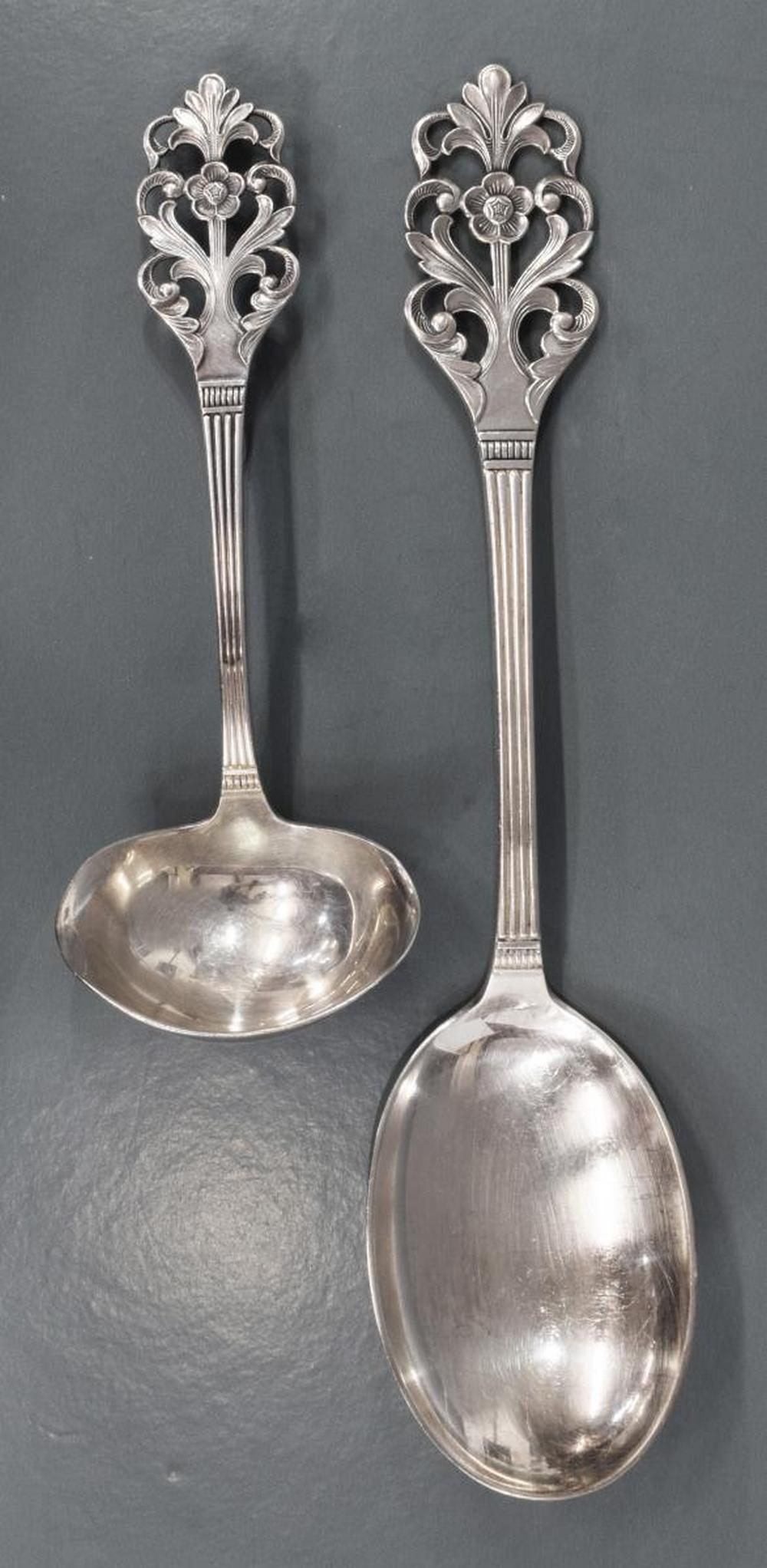 2)TH MARTHINSEN VIKING ROSE 830 SILVER SERVICEWARE: (lot of 2) 830 silver service group, T.H. Marthinsen, Norway, in the "Viking Rose" pattern, comprising: (1) large service spoon, #294, approx 9.25"l; (1) ladle with integral rest/stand, #232, approx 6