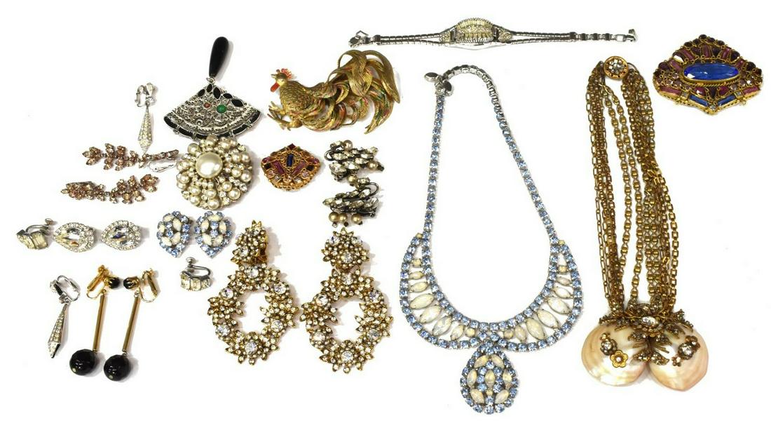 FINE COSTUME JEWELRY GROUP, HASKELL, DEUTSCH: (lot) Fine estate costume jewelry group, various styles and makers, highlights include: (1) Miriam Haskell multi-strand necklace with rhinestone accented double shell pendant, (1) faux pearl and rhine