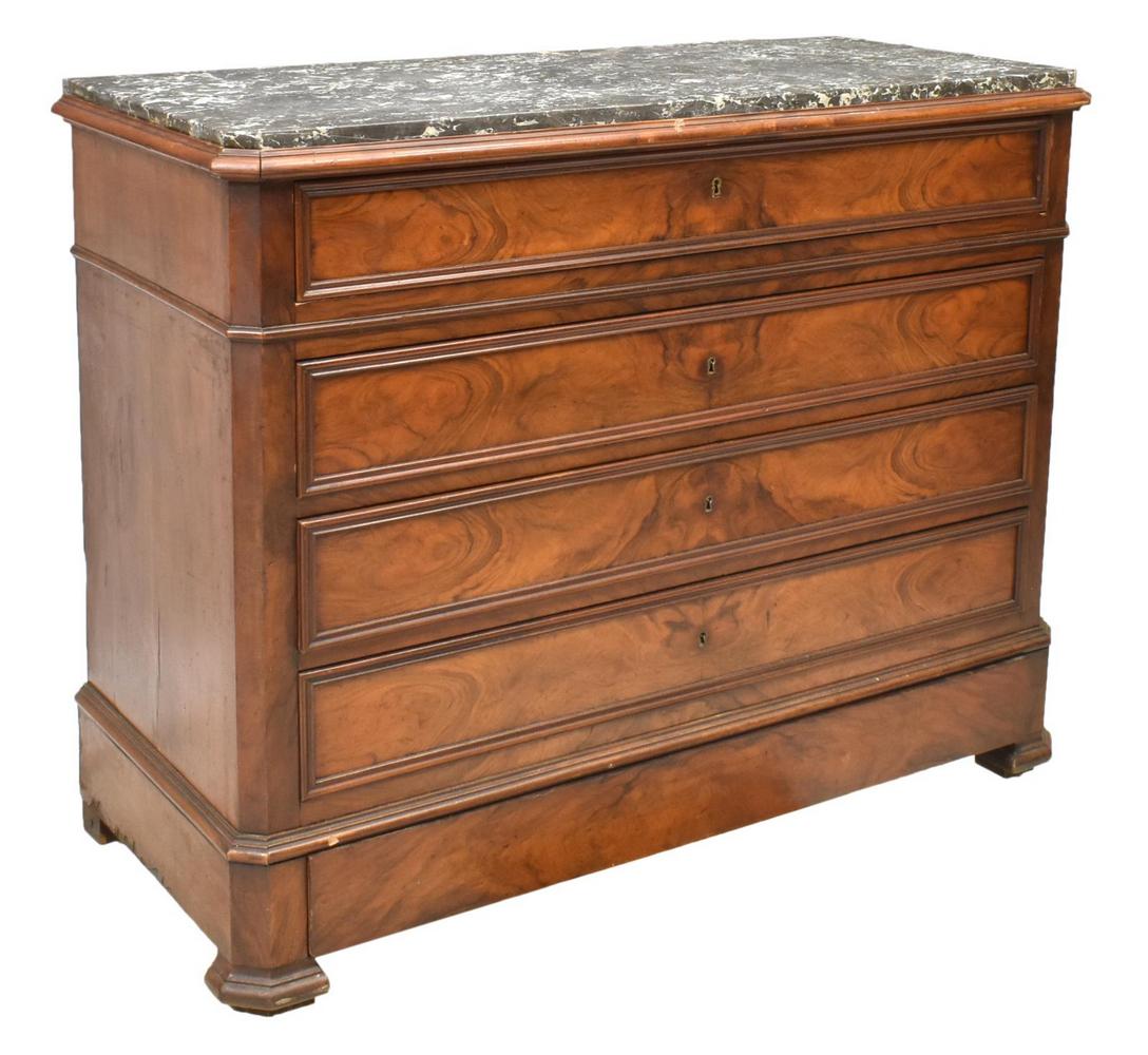 FRENCH LOUIS PHILIPPE MARBLE-TOP FIGURED COMMODE: French Louis Philippe figured walnut commode, 19th c., inset marble top with canted corners, over corresponding case fitted with five drawers, lowest drawer concealed a molding, rising on bracket feet