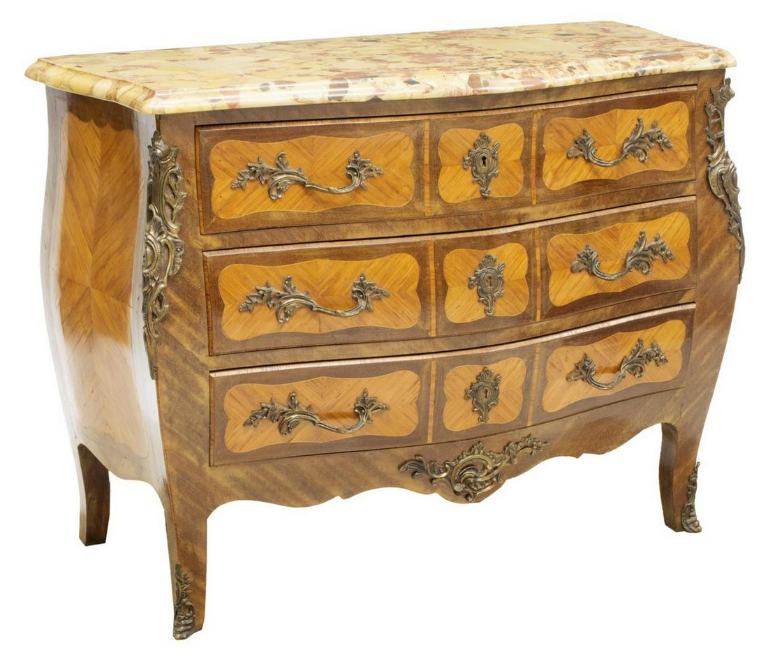 FRENCH LOUIS XV STYLE MARBLE-TOP BOMBE COMMODE: French Louis XV style marble-top burlwood bombe commode, early 20th c., having a marble-top on the case accented by parquetry panels, foliate and rocaille form gilt metal accents, three drawers, risin