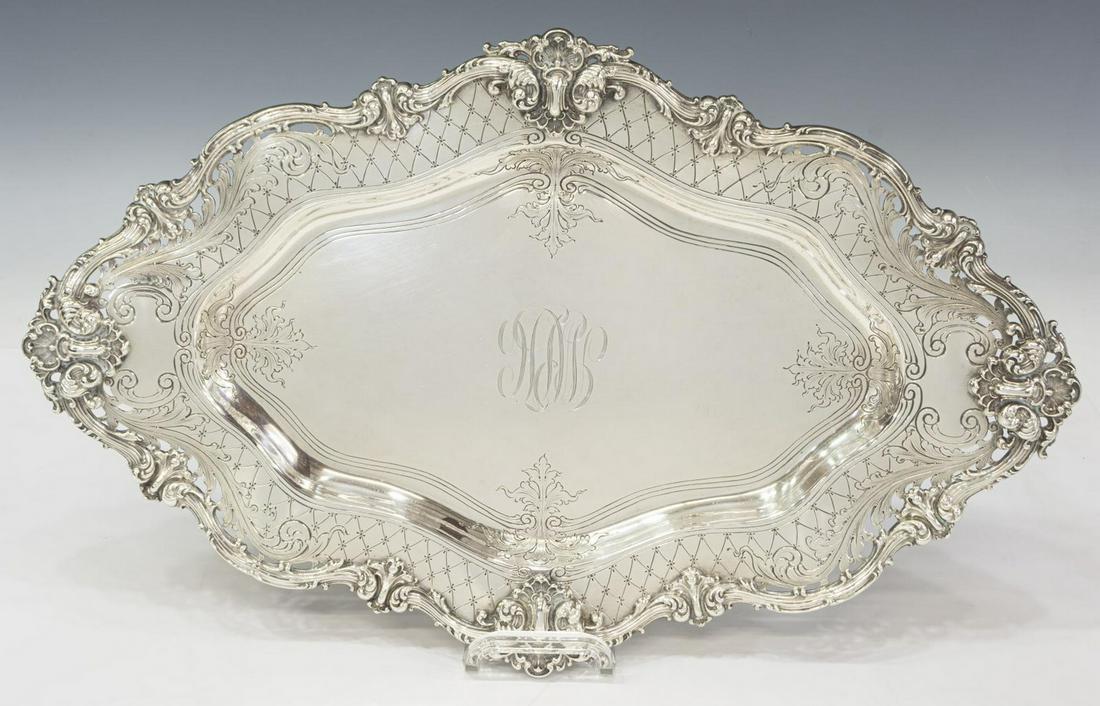 HEAVY AMERICAN STERLING SILVER SERVICE TRAY: American sterling silver service tray, possibly JE Caldwell (James Emmett Caldwell, Philadelphia, 1813-1881), heavy tray with openwork, raised shell and scroll borders, incised lattice trim, central w