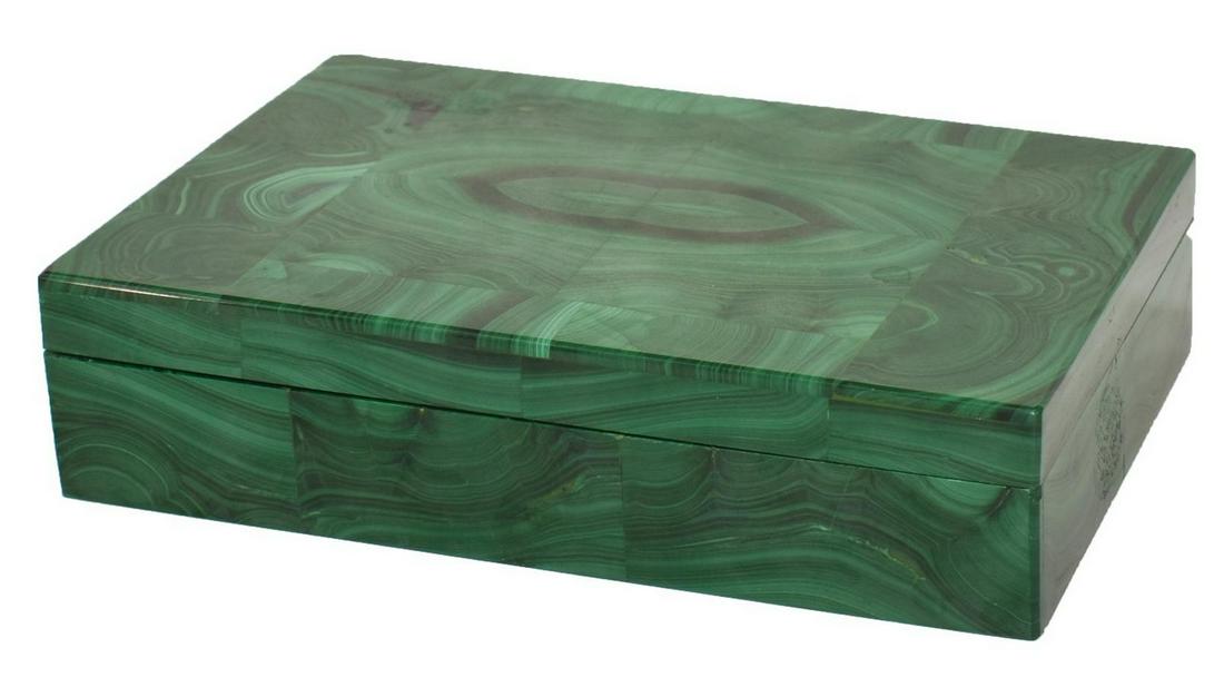 ITALIAN MALACHITE & MARBLE DESK OR TABLE BOX: Green malachite rectangular desk/table box, rectangular form, lift top revealing marble lined interior, marble lined underfoot, approx 1.5"h, 6.25"w, 4.25"d, Start Price: $100.00