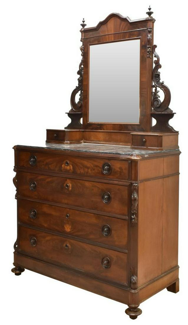 FRENCH LOUIS PHILIPPE MARBLE-TOP COMMODE & MIRROR: French Louis Philippe mahogany commode and mirror, 19th c., having foliate, floral and scrollwork carved frame, accented by dual turned finials, centering flat mirror plate, with two shelves and glove