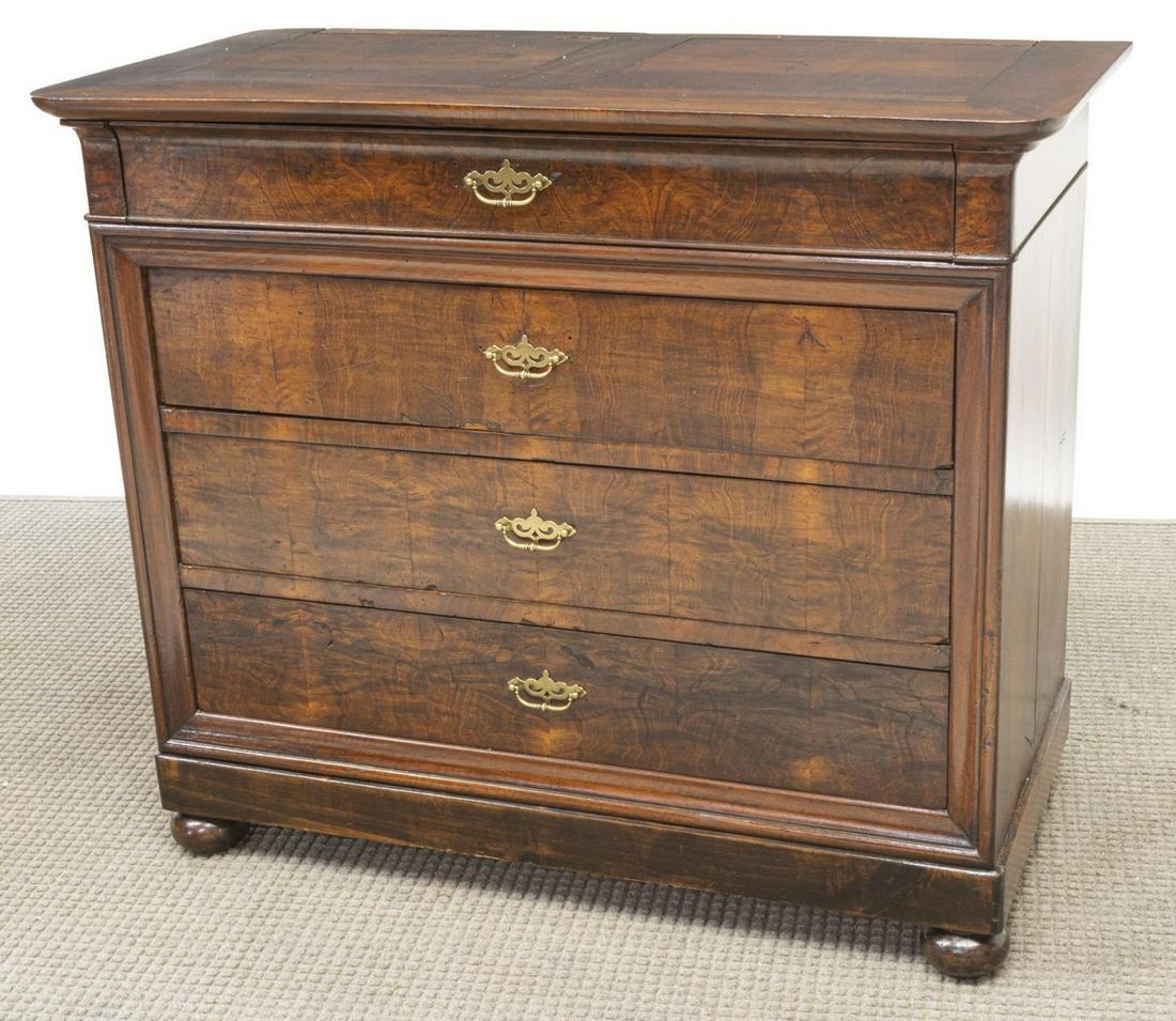 FRENCH LOUIS PHILIPPE FIGURED WALNUT COMMODE: French Louis Philippe figured walnut commode, mid 19th c., having four drawers, resting on bun feet to front, approx 37.25"h, 44.25"w, 21.5"d Start Price: $300.00