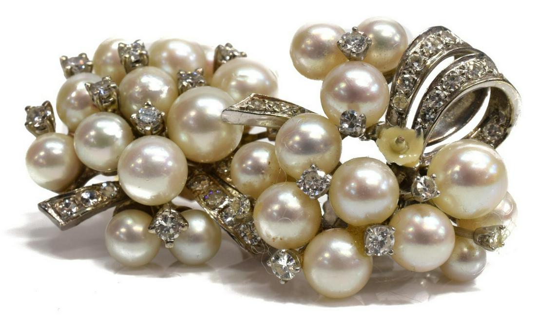 ESTATE 14KT GOLD, PEARL & DIAMOND CLUSTER EARRINGS: (pair) Estate 14kt (tested) gold earrings: a cluster of cultured pearls, largest: approx 7.50mm, (one) earring lacking a pearl and with original clip back, marked illegibly, (one) earring with replace