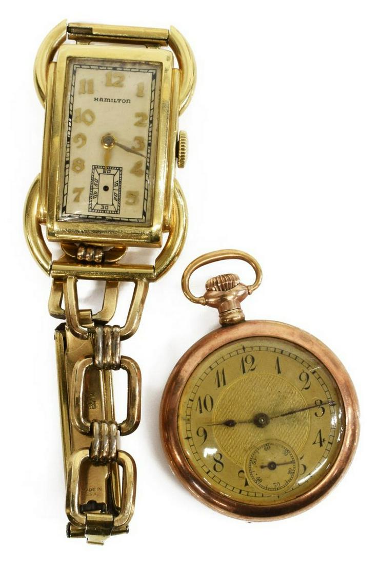 (2) HAMILTON 14KT BENTLEY WATCH & POCKET WATCH: (lot of 2) Scarce Hamilton 14kt gold case watch, Bentley model, c. 1939, prominent curved tubes on each side of the case and extending beyond the case to form the lugs, 19 jewel movement, SN J 45010, 