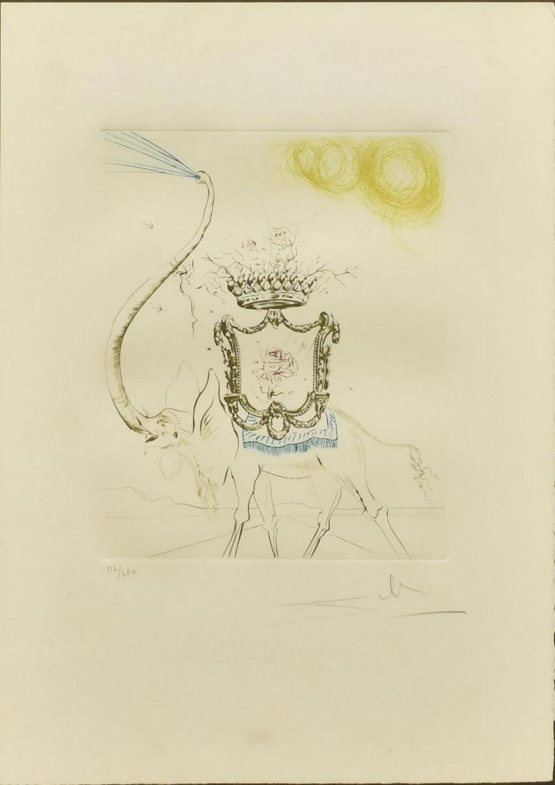 SALVADOR DALI (1904-1989) ETCHING ELEPHANT ROYALE: Framed etching on paper, Elephant Royale, signed lower right Dali (Salvador Dali, Spain, France, 1904-1989), numbered 116/ 280, sheet: approx 17.75"h, 12.25"w, overall: approx 23.5"h, 18.25"w Start Pr