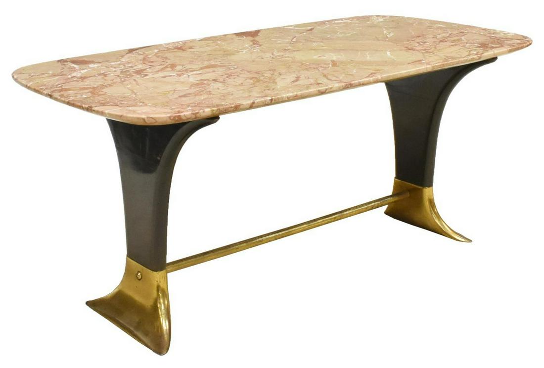MID-CENTURY MARBLE-TOP TABLE MANNER OF PAOLO BUFFA: Italian mid-century modern coffee table, in the manner of Paolo Buffa (Italy, 1903-1970), c.1950s, having marble top, over trestle base, gilt metal feet and center stretcher, approx 17.5"h, 39.5"w, 20
