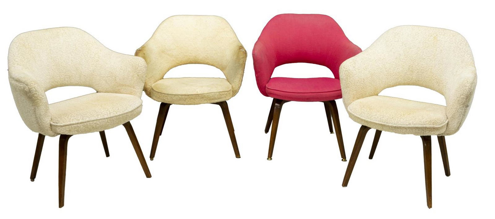 (4) MID-CENTURY EERO SAARINEN EXECUTIVE ARMCHAIRS: (lot of 4) Saarinen Executive armchairs, designed by Eero Saarinen (Finland, United States, 1910-1961), upholstered frames, (one) in variant red upholstery, rising on bentwood legs, splits and veneer 