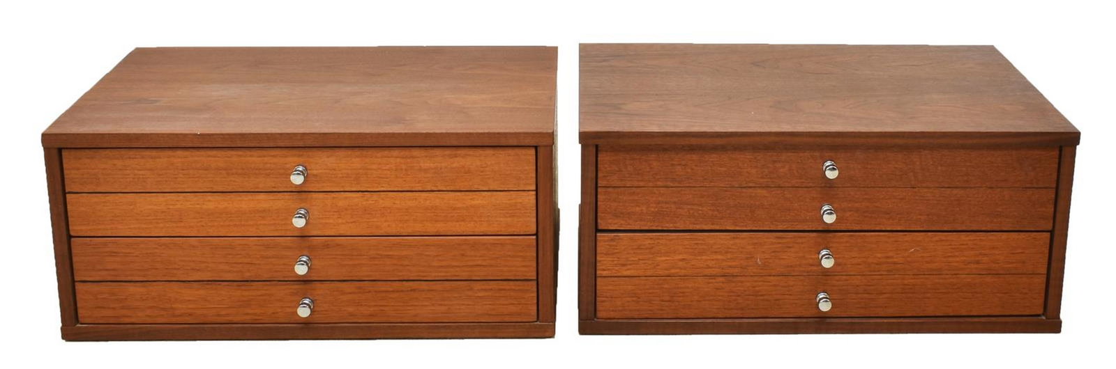 (2) SMALL MID-CENTURY MODERN CHEST OF DRAWERS: (lot of 2) Small mid-century modern chest of drawers, c.1960s, in the manner of Paul McCobb (United States, 1917-1969), each fitted with two drawers, with chromed metal pulls, approx 9.25"h, 21.25"w, 