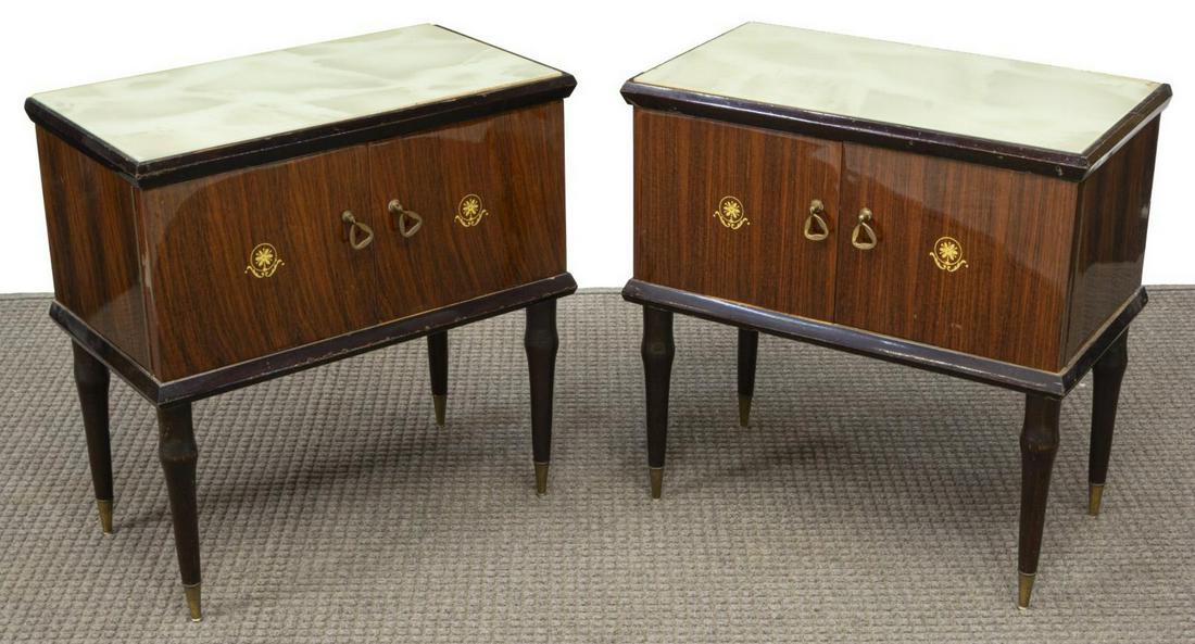 (2) ITALIAN MID-CENTURY MODERN BEDSIDE CABINETS: (pair) Italian mid-century modern bedside cabinets, in the manner of Paolo Buffa (Italy, 1903-1970), c.1940s-1950s, inset glass top, mahogany case with double-door cabinet, rising on ebonized tapered