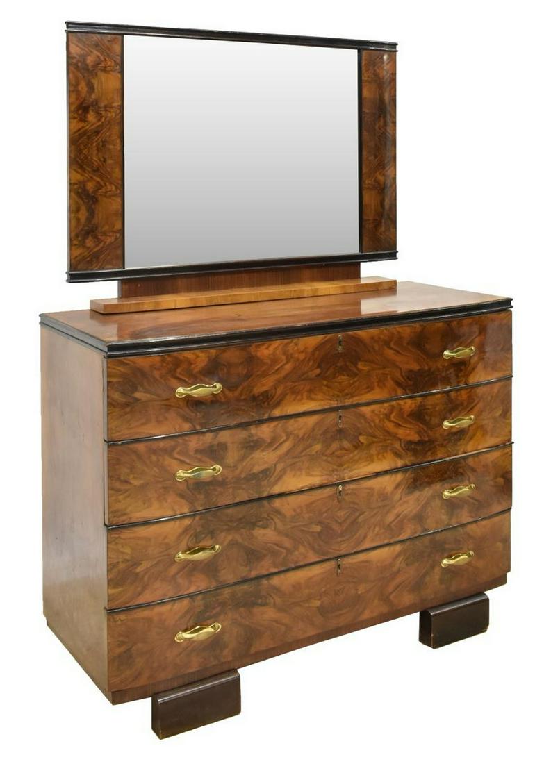 ITALIAN ART DECO FIGURED WOOD MIRROR & COMMODE: Italian Art Deco figured wood commode and mirror, c. 1930s, having framed flat mirror plate, resting on case fitted with four drawers, approx 68.25"h, 49.5"w, 20"d Start Price: $150.00