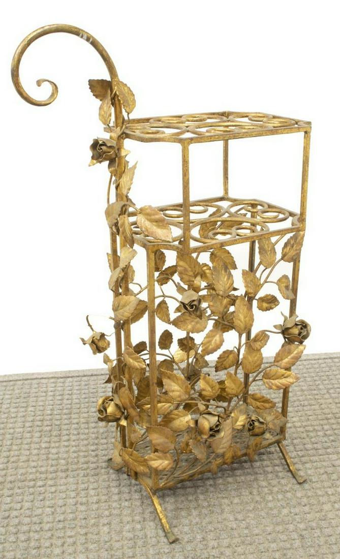 ITALIAN GILT IRON ROSES UMBRELLA STAND: Italian gilt iron umbrella stand, 20th c., with vining roses, approx 27.5"h, 13"w, 9.5"d Start Price: $50.00