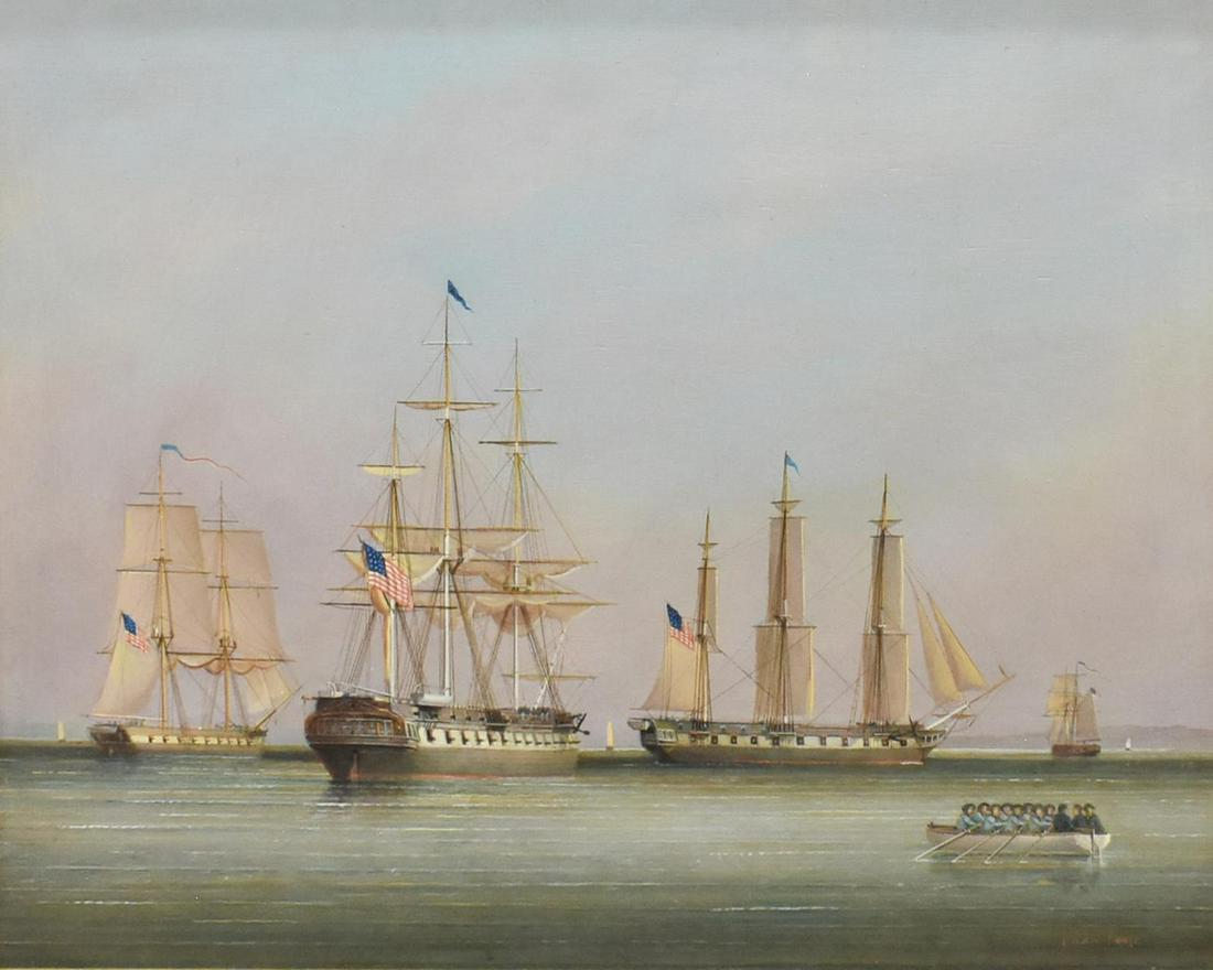 BRIAN COOLE (B.1939) AMERICAN NAVAL SHIPS: Framed oil painting on board, American Ships at Sail, signed lower right Brian Coole (United States, United Kingdom, b.1939), sight: approx 14.5"h, 19.5"w, overall: approx 19"h, 24"w Start Price: $500