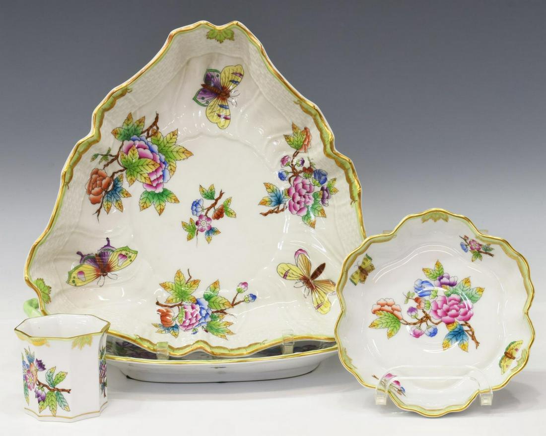 (4) HEREND 'QUEEN VICTORIA' PORCELAIN TABLEWARE: (lot of 4) Herend hand-painted porcelain tableware, in the "Queen Victoria" pattern, decorated with floral motifs, insects and butterflies, accented by gilt highlights, green edges, comprising: (1) tr