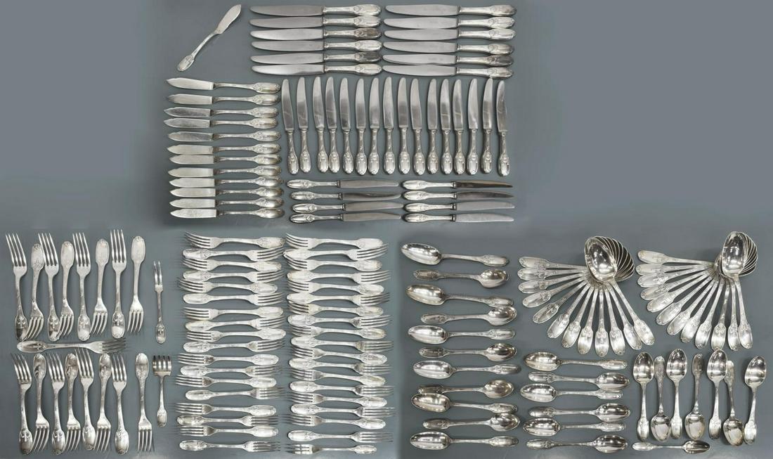 (154) CHRISTOFLE 'DELAFOSSE' SILVER PLATE FLATWARE: (lot of 154) Christofle "Delafosse" silver plate flatware, including: (12) knives, 9 5/8"l, (11) luncheon knives, 8.25"l, (13) dessert knives, 8 1/8"l, (12) fish knives, 8.25"l, (17) forks, 8.5"l, (24