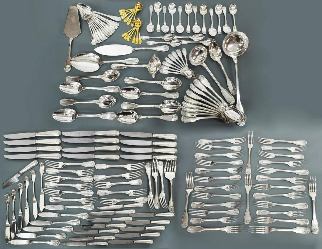 (152) CHRISTOFLE VENDOME-ARCANTIA FLATWARE SERVICE: (lot of 152) Christofle "Vendome-Arcantia" silver plate flatware service, including: (12) knives, 9.75"l, (12) dessert knives, 7.75"l, (12) fish knives, 8.25"l, (18) forks, 8 1/8"l, (12) fish forks, 7
