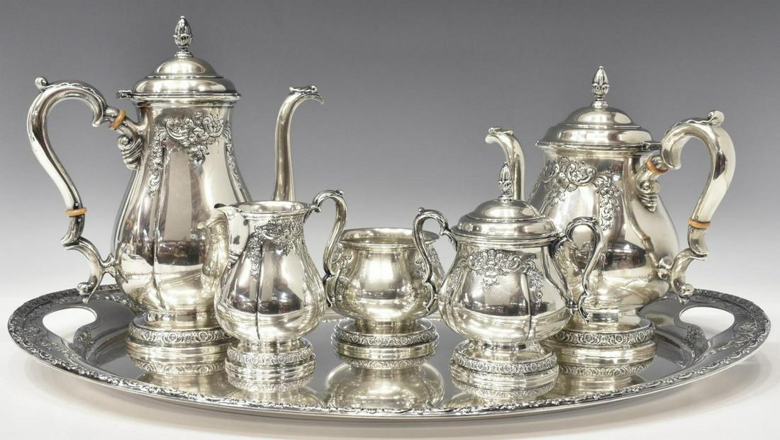 6) INTERNATIONAL 'PRELUDE' STERLING COFFEE/TEA SET: (set of 6) International Silver Company sterling silver tea and coffee service, hand chased in the "Prelude" pattern, comprising: (1) coffee pot, approx 10.5"h; (1) teapot, approx 9"h; (1) cream pitch