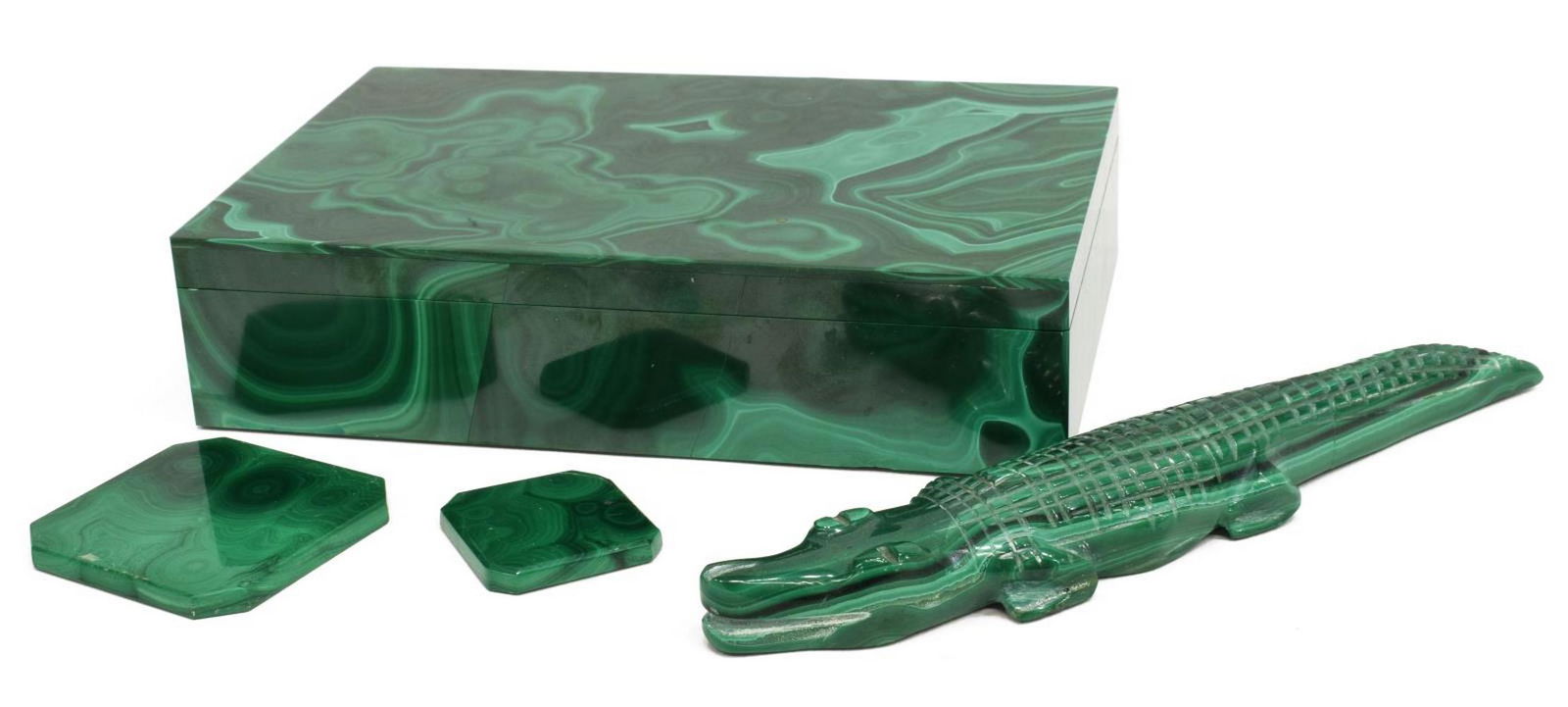 (4) MALACHITE TABLE BOX, ALLIGATOR & SMALL TILES: (lot of 4) Malachite decorative items, including: (1) rectangular shaped table box, with brass hinge top, revealing a marble-lined interior, marble lining underfoot, small chip to lower left corner, a