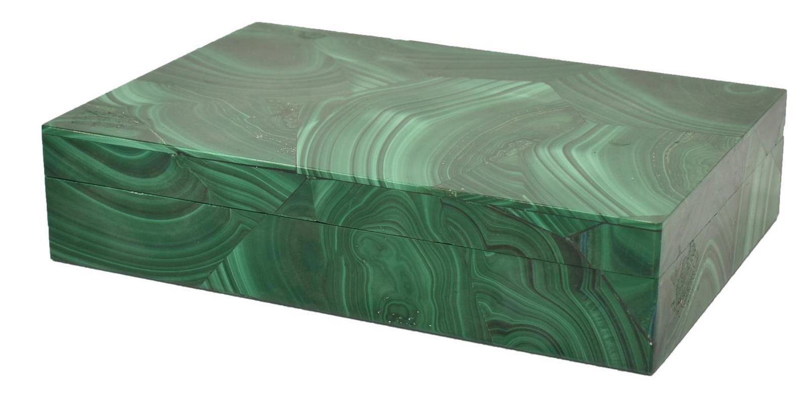 ITALIAN MALACHITE & MARBLE TABLE BOX: Italian malachite and marble table box, rectangular shape, having hinged top opening to fine colorless natural crystal lined interior, abrasion/ small loss near rear hinge, approx 1.5"h, 6"w, 4"d Star