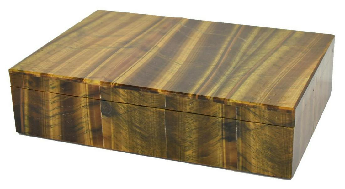 FINE TIGER'S EYE & MARBLE JEWELRY BOX: Fine tiger's eye jewelry box, of varied hues of brown, yellow and tan banding, rectangular form with hinged lid opening to marble lined interior, approx 1.75"h, 6.25"w, 4.25"d, 1.15lbs Start Price: $1