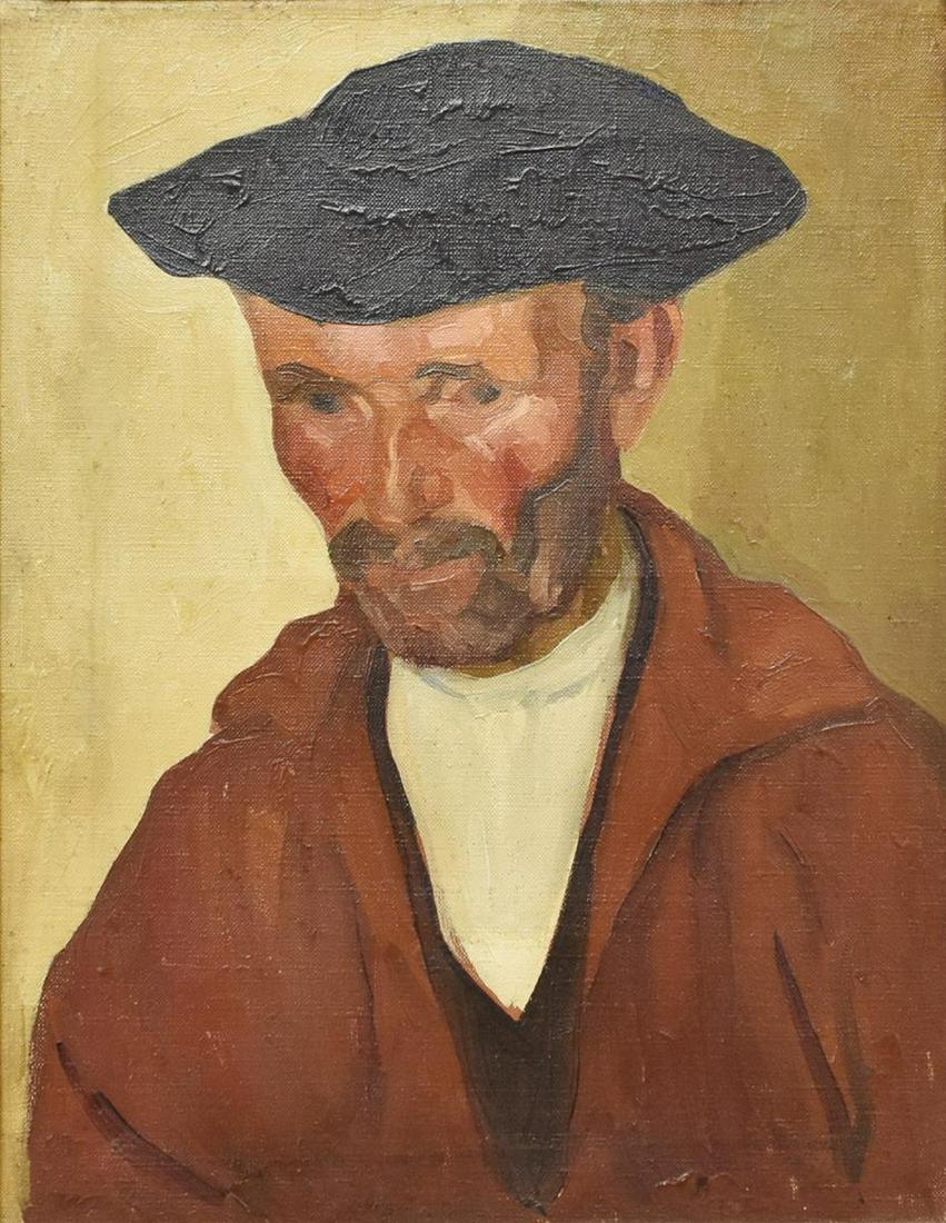 WILLIAM AUERBACH-LEVY (1889-1964) BASQUE PORTRAIT: Framed oil on canvas painting, Portrait of a Basque Man, unsigned, William Auerbach-Levy (New York, Russia, 1889-1964), artistâ€™s estate stamp at back of canvas, sight: approx 19.5"h, 15.5"w, ov