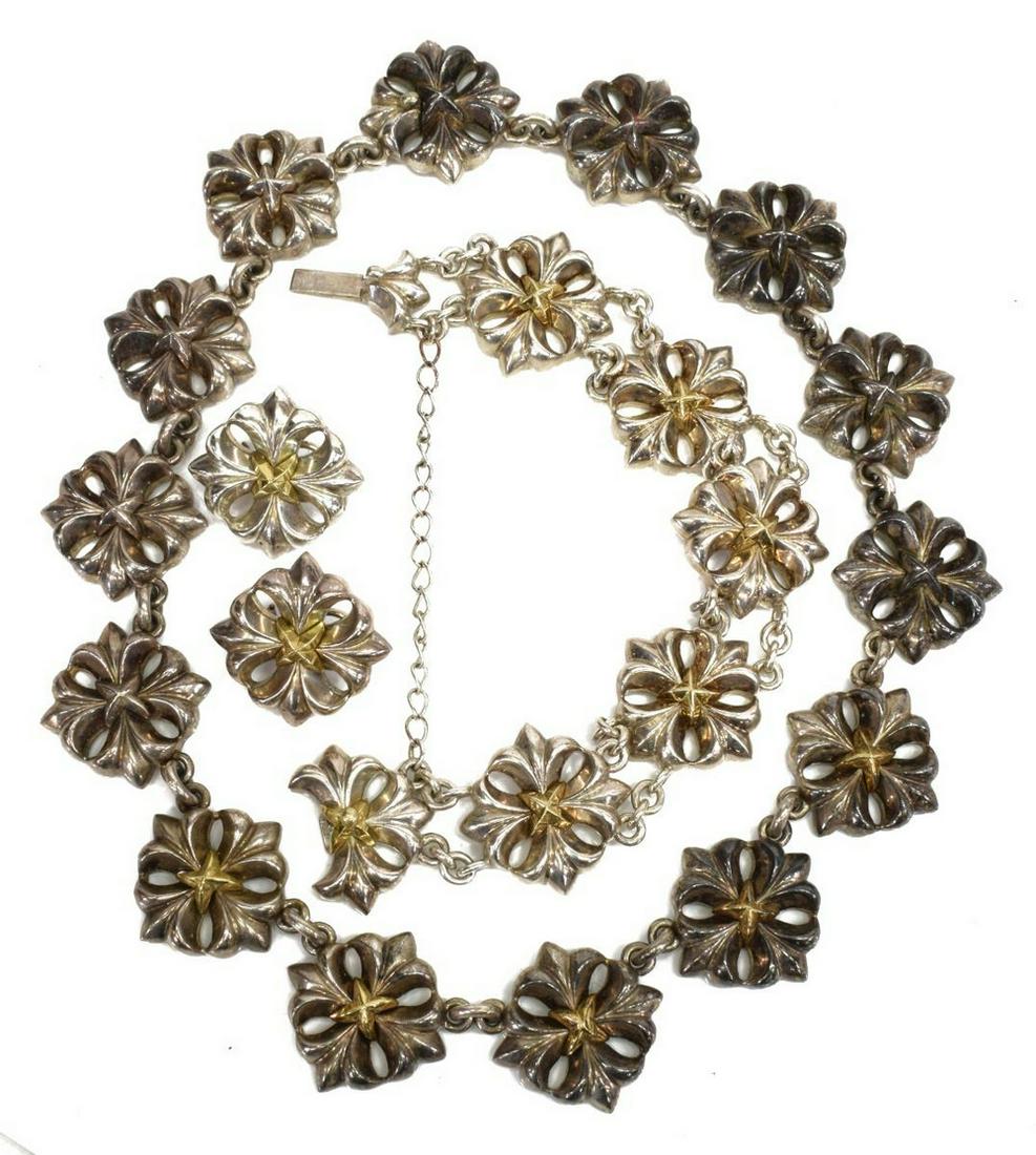 (LOT) STERLING SILVER & 18KT GOLD NECKLACE SET: (lot) Sterling silver and 18kt gold necklace set, including: (1) necklace, approx 16.5"l, (1) bracelet, with safety chain, approx 8.5"l, (pair) earrings, for pierced ears, with omega post backs, appro