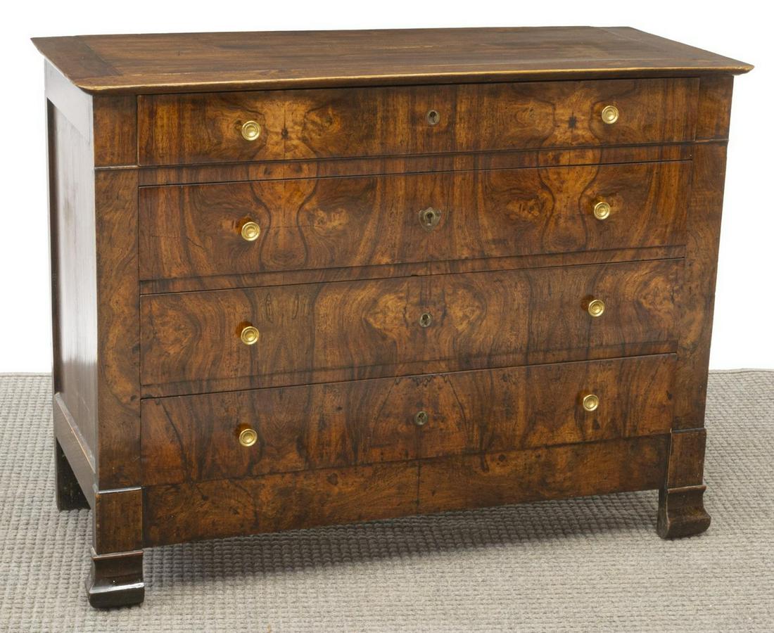 FRENCH LOUIS PHILIPPE FIGURED WALNUT COMMODE: French Louis Philippe walnut commode, mid 19th c., four drawers, set on bracket feet, approx 33.75"h, 45"w, 19"d Start Price: $300.00