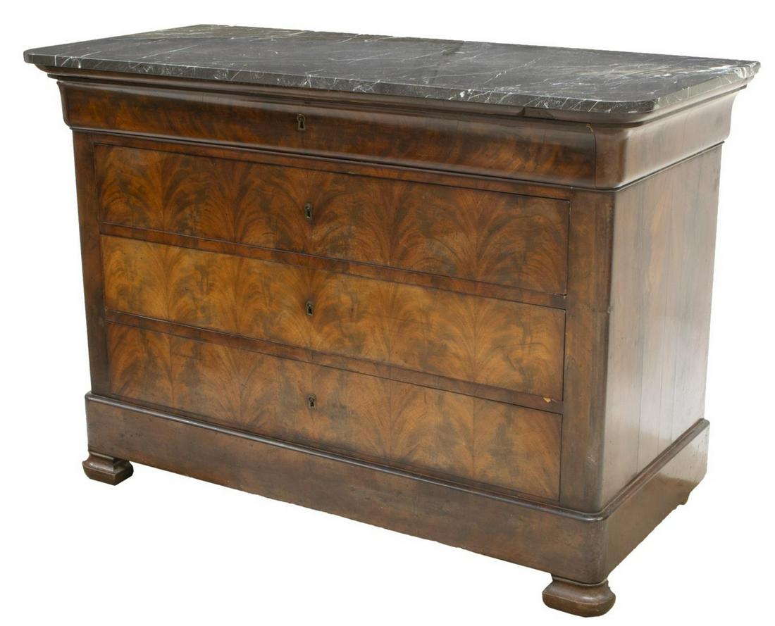 FRENCH LOUIS PHILIPPE MARBLE-TOP MAHOGANY COMMODE: French Louis Philippe marble-top mahogany commode, mid 19th c., fitted with four drawers, approx 35.5"h, 50.5"w, 23"d Start Price: $400.00