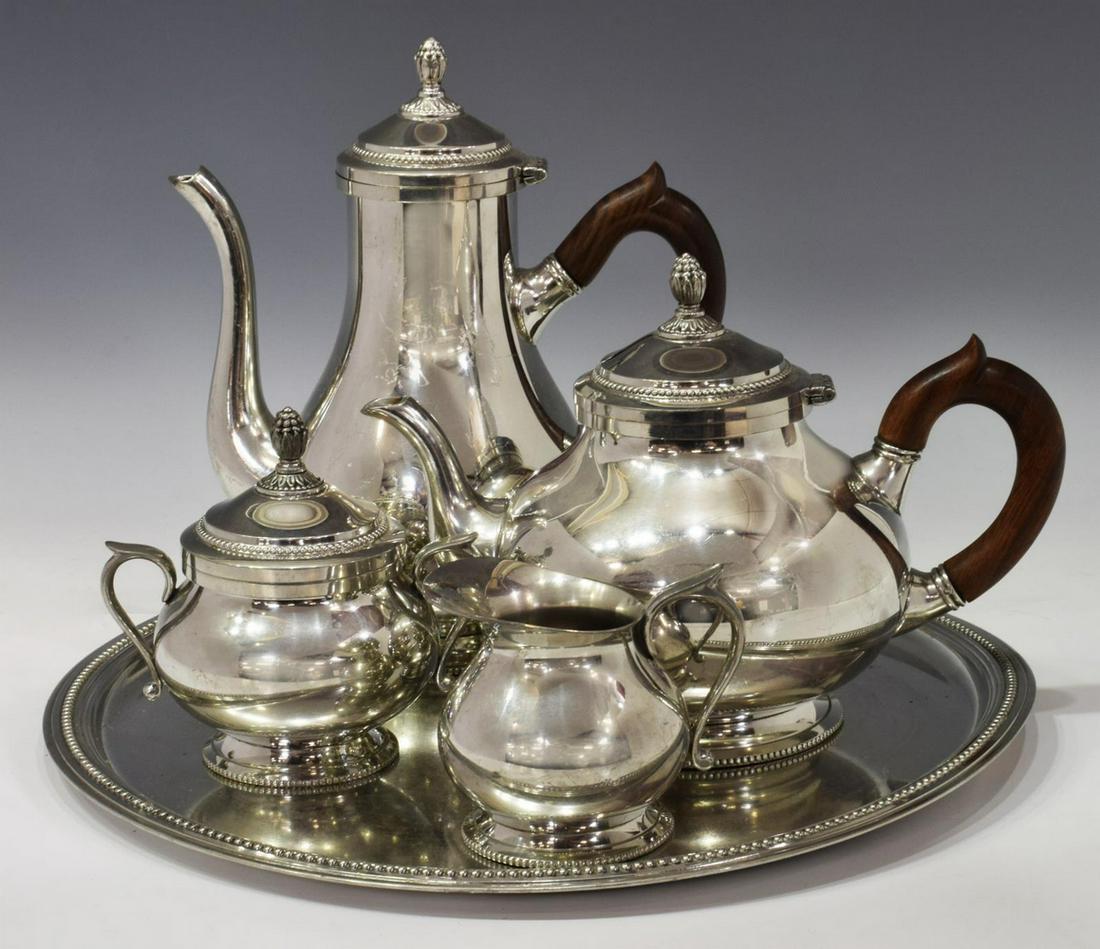 5) FRENCH ETAINS DU MANOIR PEWTER TEA & COFFEE SET: (5 piece) French pewter tea and coffee set, Etains Du Manoir, with beaded trim, including: (1) coffee pot, with spurred wooden handle, approx 9.5"h, (1) teapot, with spurred wooden handle, approx 7"h,
