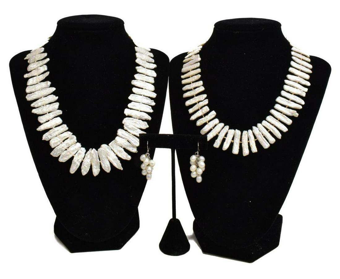 (LOT) BAROQUE PEARL NECKLACES & CLUSTER EARRINGS: (lot) Collection of cultured pearl jewelry, including: (1) Imperial Pearl baroque pearl necklace, with 14kt gold hook clasp, purchased by consignor at Savage Pearls, Kauai, Hawaii, approx 18"l, (1) ba