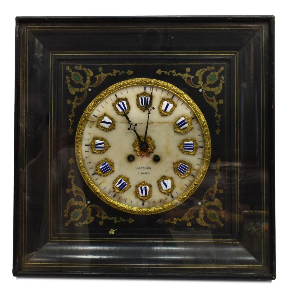 FRENCH NAPOLEON III PERIOD HANGING WALL CLOCK: French Napoleon III period wall clock, mid 19th c., having hinged door over metal and enamel inlaid foliate decoration lifting to reveal the circular alabaster face with Roman numbers on porcelain car