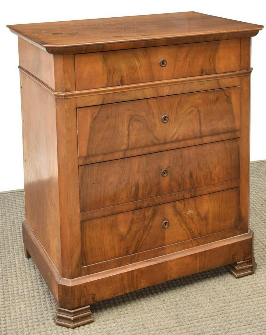 FRENCH LOUIS PHILIPPE FOUR-DRAWER WALNUT COMMODE: French Louis Philippe walnut commode, mid 19th c., four drawers, rising on stepped bracket feet, approx 35.5"h, 31.75"w, 20.75"d Start Price: $350.00