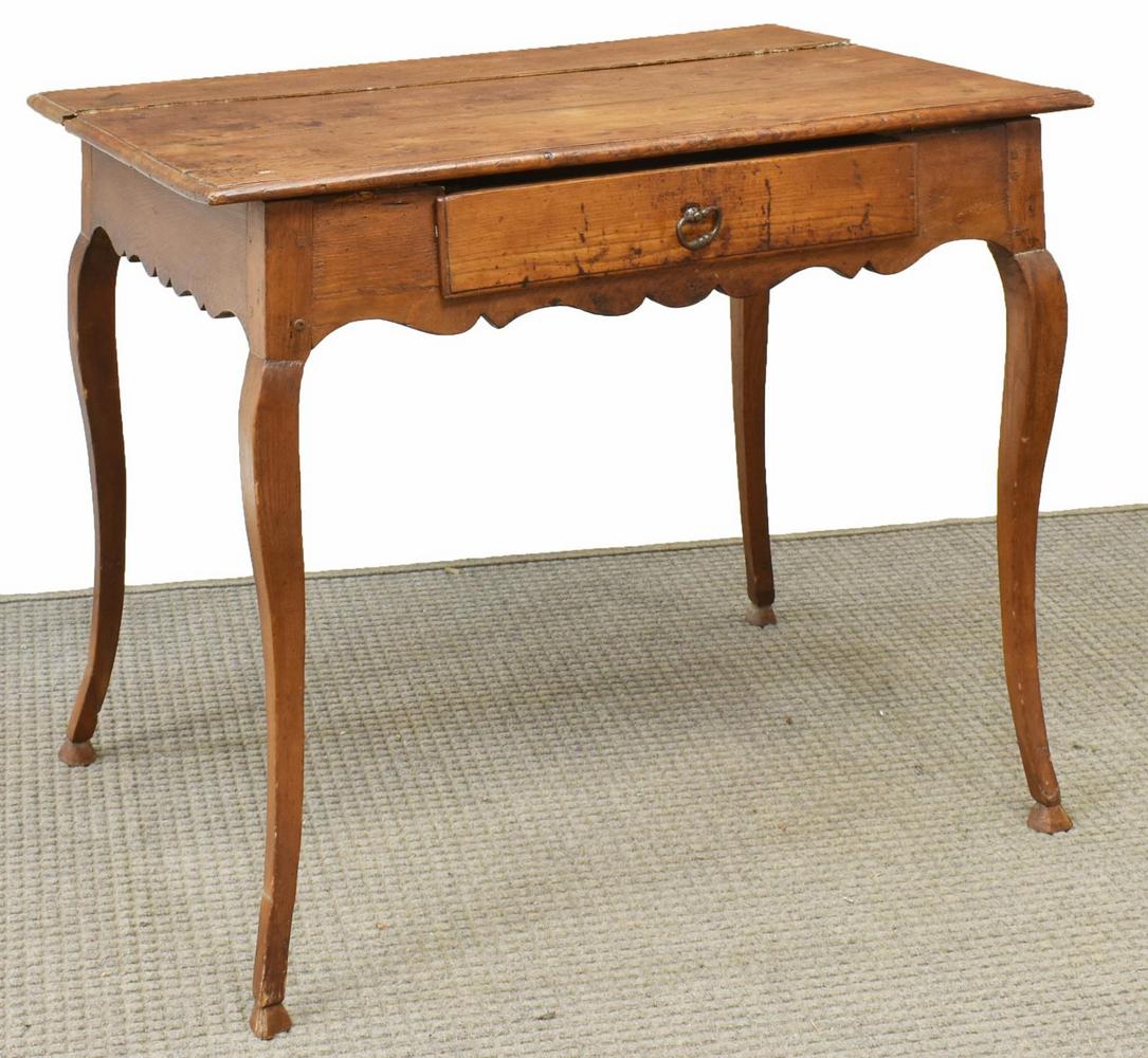 FRENCH PROVINCIAL LOUIS XV STYLE WORK TABLE: French Provincial Louis XV style work table, 19th c., having a plank top, single frieze drawer with divided interior, rising on cabriole legs, ending in hoof feet, approx 29.5"h, 35"w, 23.5"d Start Pr