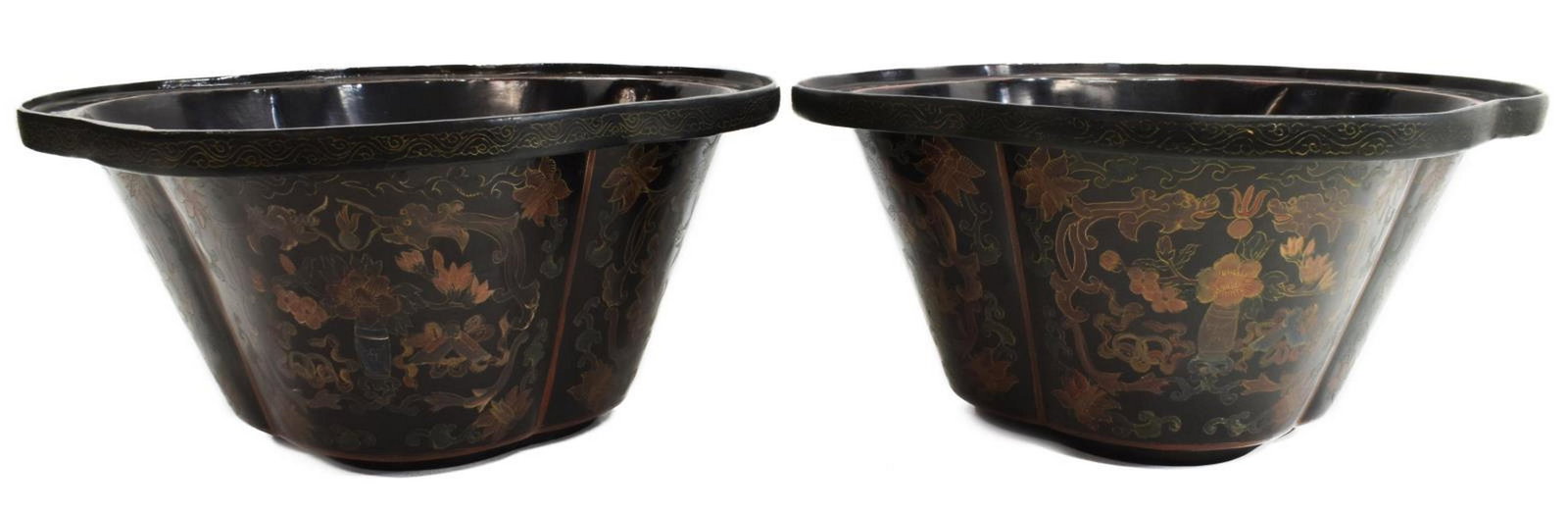 2) CHINESE BLACK LACQUER PAPIER MACHE PLANTER POTS: (pair) Chinese black lacquer papier mache planter pots, lobed form, having floral and cloud scroll decor to inner and outer rim of each bowl, central image of potted flower surrounded by enclosed by l