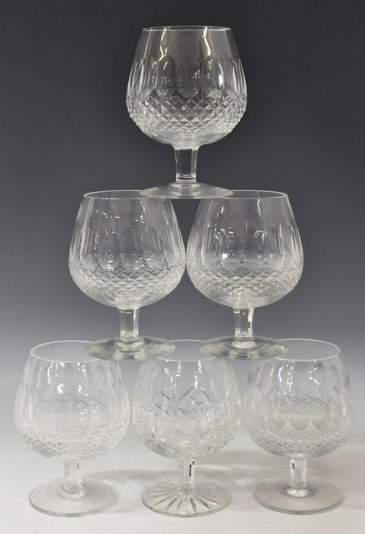 (6) WATERFORD 'COLLEEN' CRYSTAL BRANDY GLASSES: (lot of 6) Collection of Waterford cut crystal brandy glasses, in the "Colleen" pattern, wide body on raised circular foot, all with acid etched mark underfoot, approx 5.25"h, 3.75"diam; 6lbs total St