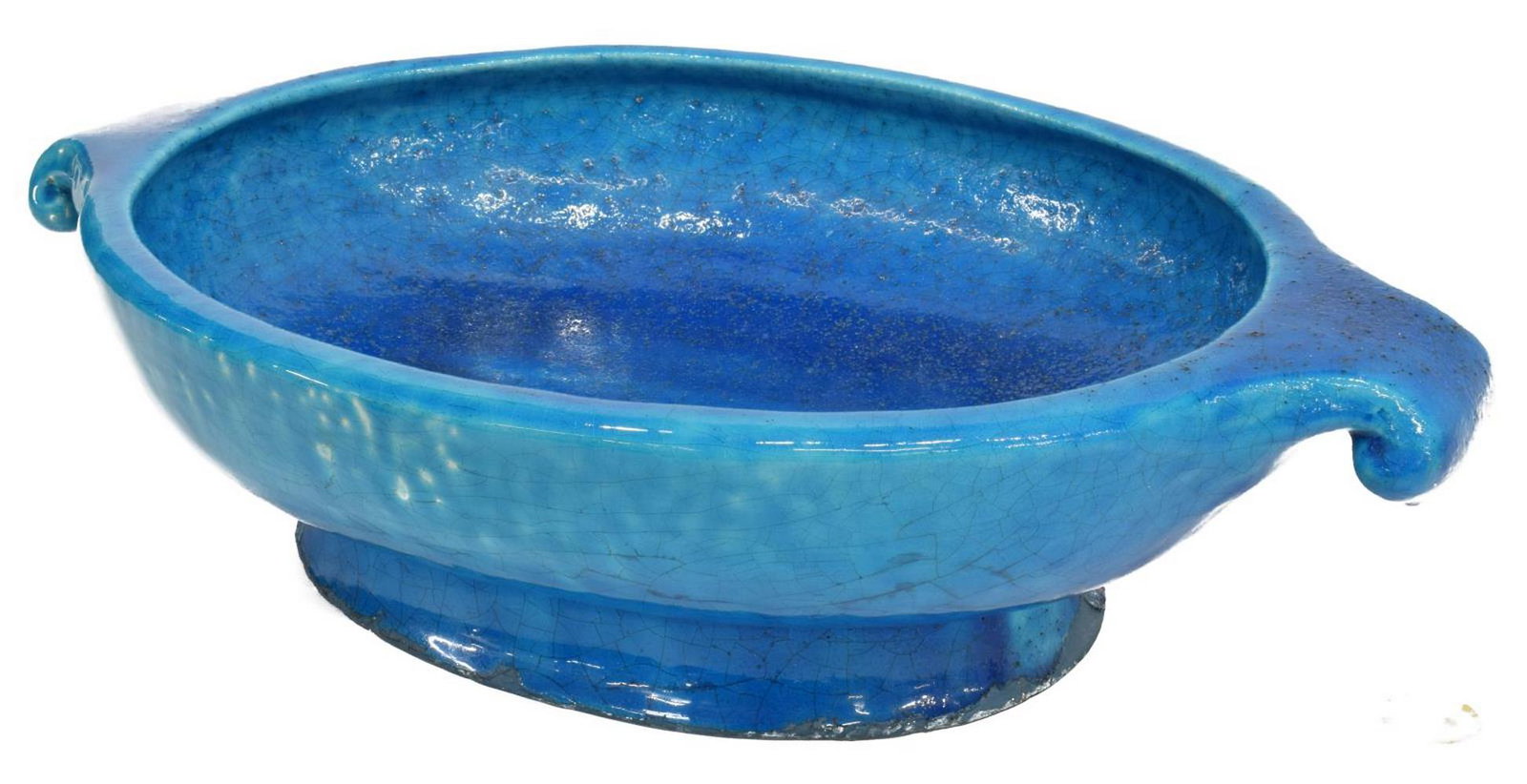 FRENCH RAOUL LACHENAL BLUE GLAZED CERAMIC BOWL: French modern blue glazed ceramic bowl, Raoul Lachenal (France, 1885-1956), having blue crackle glaze throughout, applied handles, raised on an oval foot, signed France, Lachenal underfoot, approx 4"h