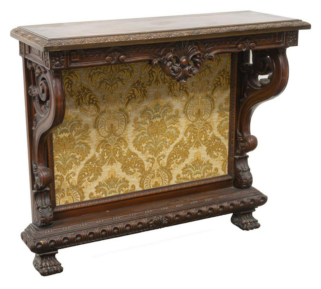 ITALIAN WALNUT WALL-MOUNTED CONSOLE TABLE BRACKET: Italian Renaissance style walnut console table, late 20th c., rectangular top with lunette-carved edge, scrolled corbels, damask covered back panel, rising on paw feet, approx 33"h, 35.75"w, 12.5"d St