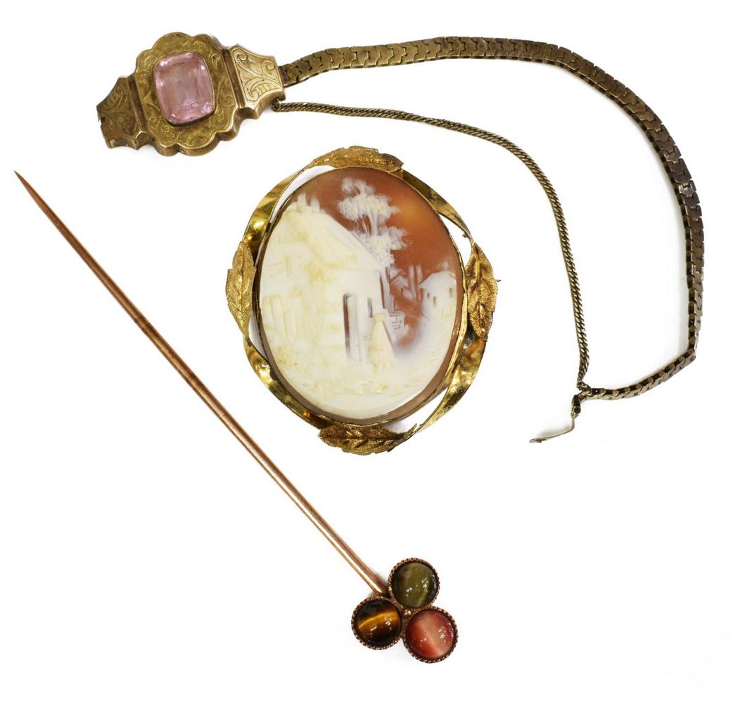 (3) VICTORIAN & VINTAGE ESTATE JEWELRY GROUP, GOLD: (lot of 3) Vintage jewelry group: (1) Victorian oval carved cameo shell brooch, the foliated frame testing as 14kt gold, figural village scene, approx 1.75"h, 1.5"w; (1) Victorian bracelet with pale p