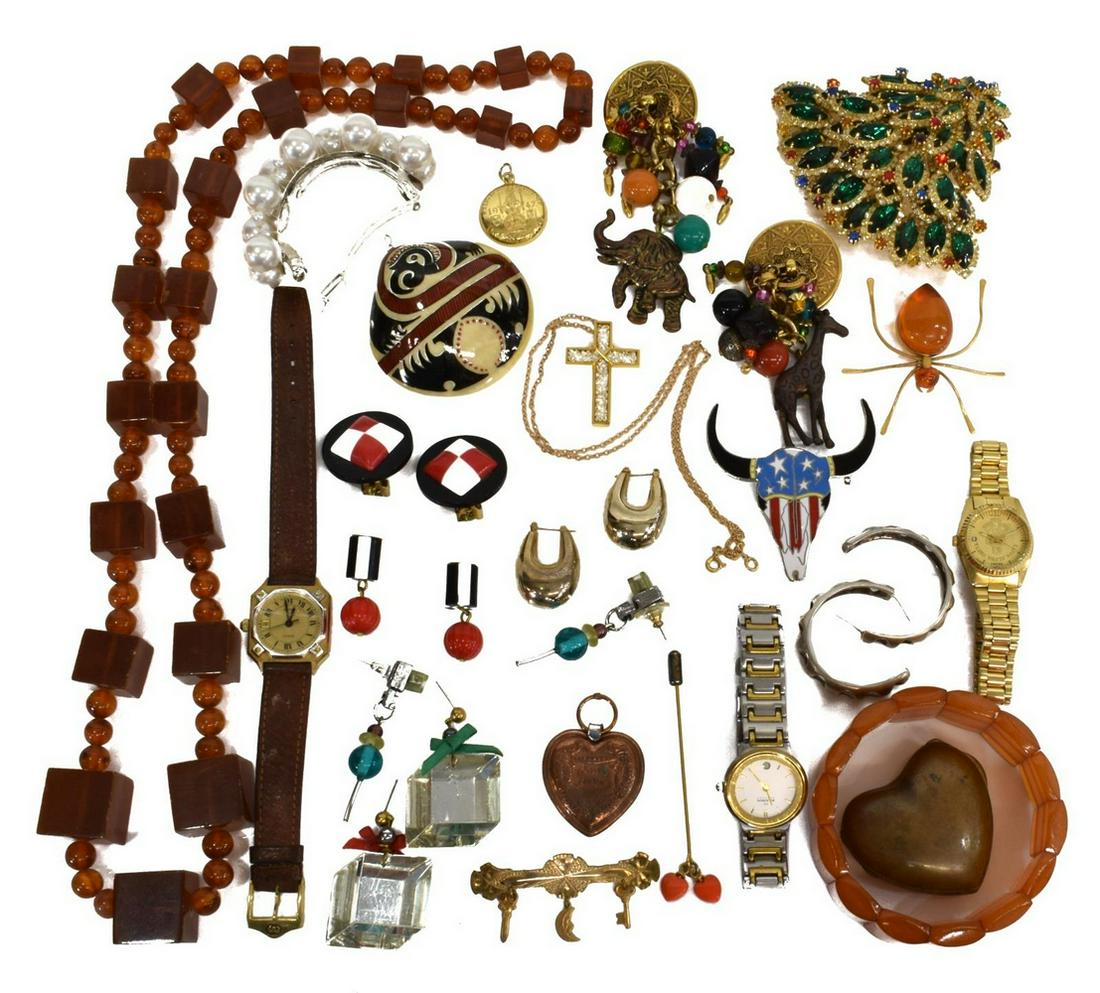 ESTATE MIXED COSTUME & JUNK JEWELRY GROUP: (lot) Huge group of costume jewelry, a mix of good vintage items, parts with loss, pieces and more, highlights include a Russian Baltic amber and gilt metal spider brooch, marked 6RK, earrings of many
