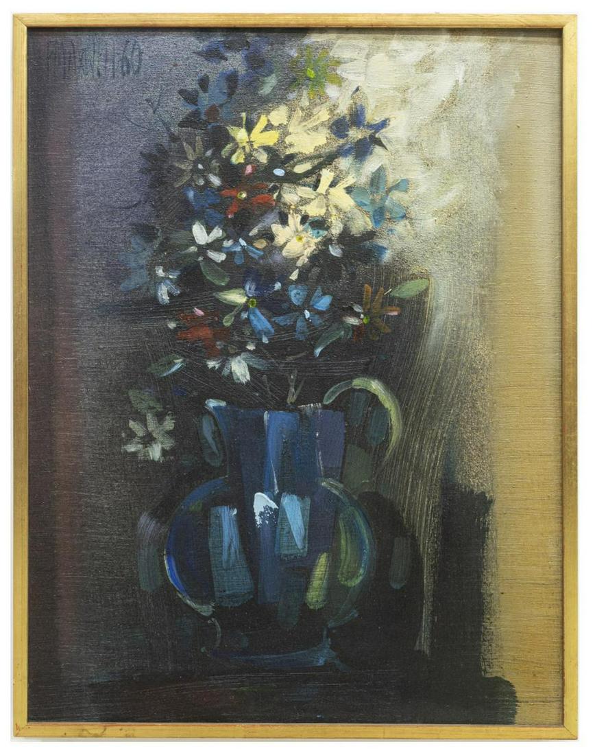 PAUL MAXWELL (D.2015) FLORAL STILL LIFE PAINTING: Framed oil painting on canvas, Still Life with Flowers, signed upper left P. Maxwell (Paul E. Maxwell, Texas, California, 1925-2015), dated 1960, Long & Company, Santa Fe gallery label affixed to the