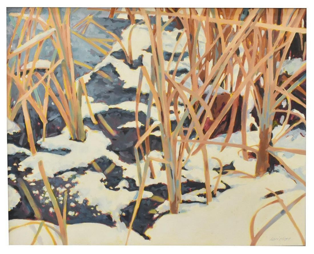 LORI HIGHT (20TH C.) WINTER LANDSCAPE PAINTING: Framed oil painting on canvas, "Wintermarsh," signed lower right Lori Hight (United States, 20th c.), titled and annotated on the reverse, approx sight: 24"h, 30"w, overall: 28"h, 34"w, 6.25lbs Start 