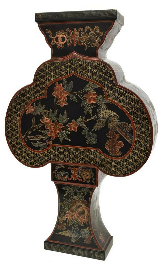 CHINESE BLACK LACQUER PAPIER MACHE VASE: Chinese black lacquer papier mache vase, having flared mouth, tapered neck, shaped body, delicately decorated with numerous birds all with gold gilt highlights, surrounded by flowers atop branches, Ch