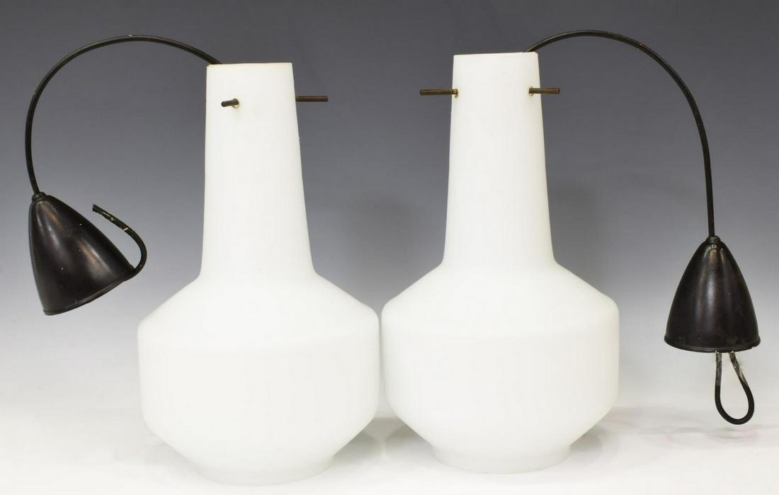(2) ITALIAN MID-CENTURY HANGING PENDANT LIGHTS: (lot of 2) Italian mid-century modern hanging pendant lights, Elettro, c.1960s-1970s, three brass stems holding shaped glass shade in a satin finish, in need of wiring, approx 12"h, 7"diam (measuremen