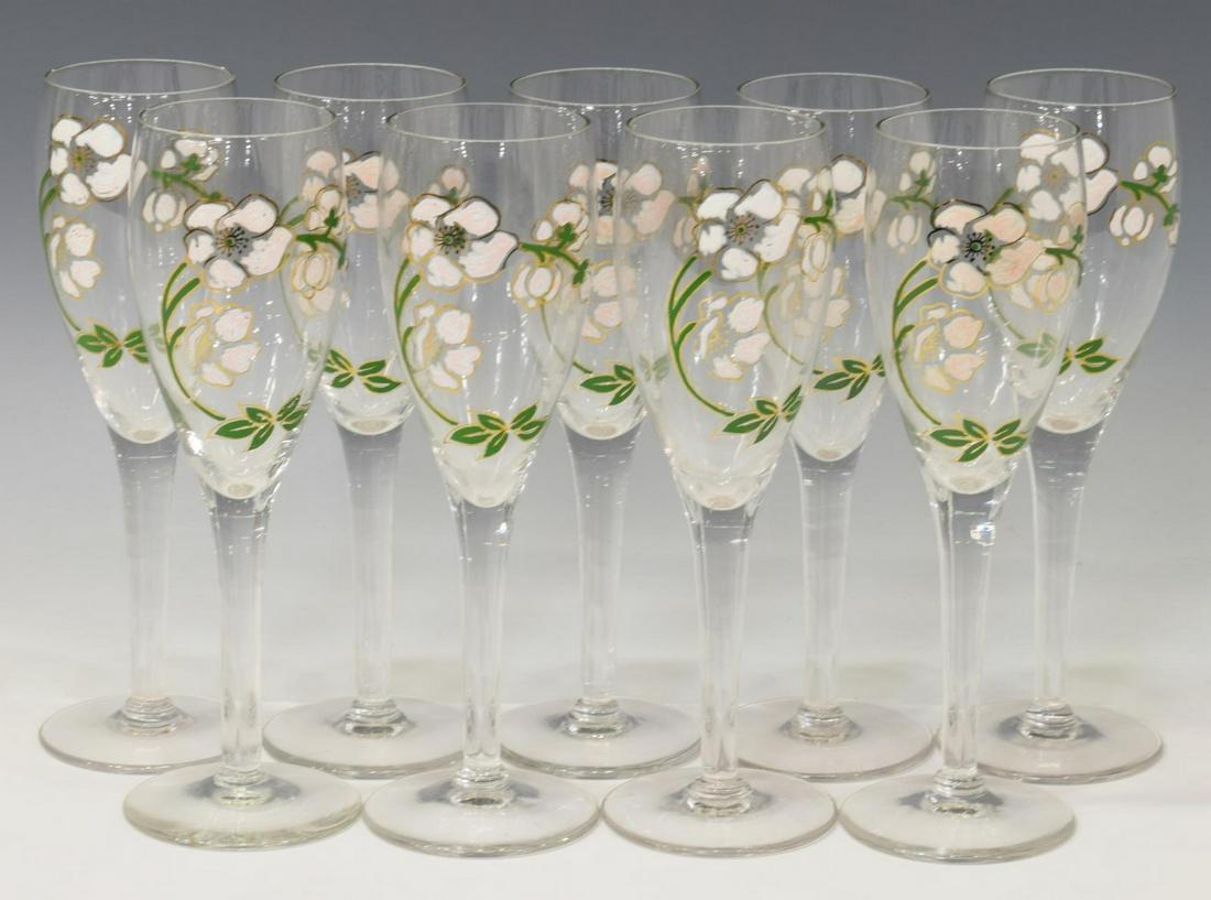 9) FRENCH PERRIER-JOUET 'ANEMONE' CHAMPAGNE FLUTES: (lot of 9) French Belle Epoque style Perrier-Jouet "Anemone" crystal champagne flutes, after the original 1902 design by Emile Galle, hand-painted pale pink enamel flowers with gold gilt highlights, o